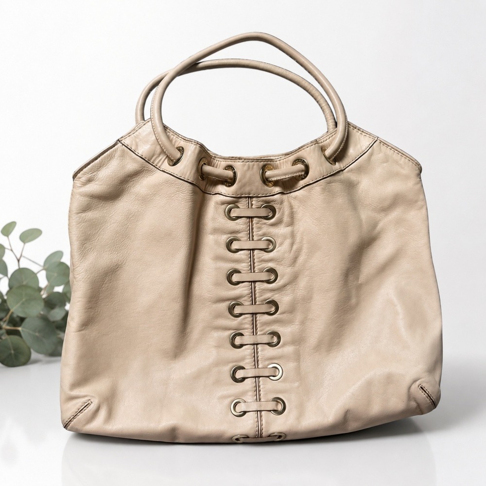 Michael Kors Beige Leather Lace Up Grommet Shoulder Bag Hobo Gold Hardware